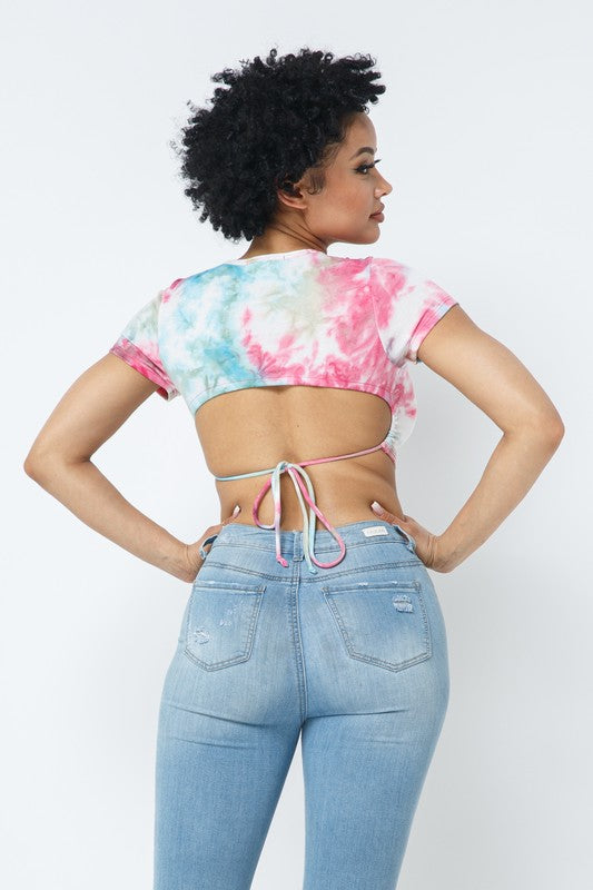 Women’s Tie-Dye Open Back Crop Top with Adjustable Tie Ruched Side Short Sleeve Tee