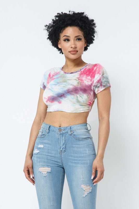 Women’s Tie-Dye Open Back Crop Top with Adjustable Tie Ruched Side Short Sleeve Tee