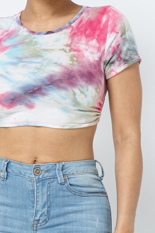 Women’s Tie-Dye Open Back Crop Top with Adjustable Tie Ruched Side Short Sleeve Tee