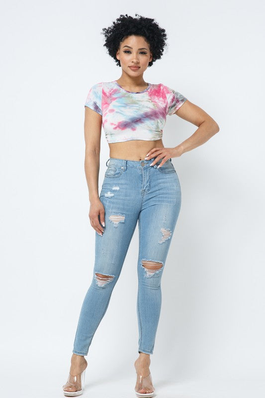 Women’s Tie-Dye Open Back Crop Top with Adjustable Tie Ruched Side Short Sleeve Tee