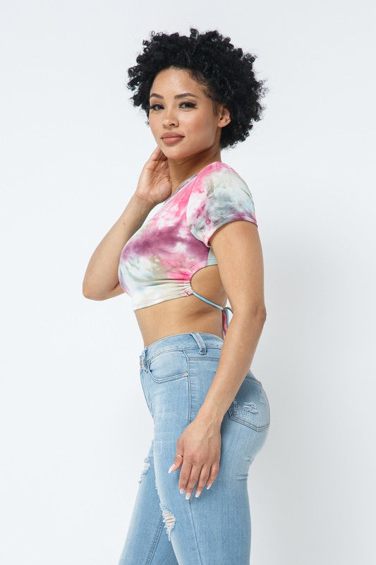Women’s Tie-Dye Open Back Crop Top with Adjustable Tie Ruched Side Short Sleeve Tee