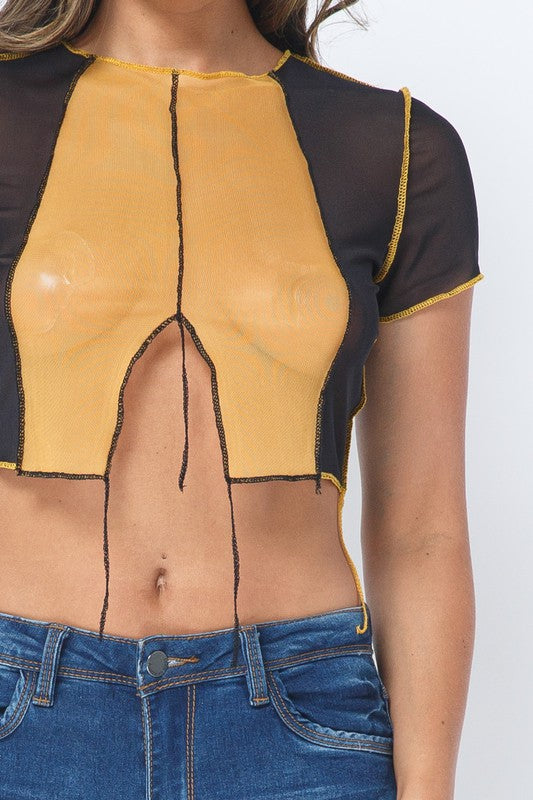 Mesh Contarst Stitch Color Block Crop Top [Pack of 6]