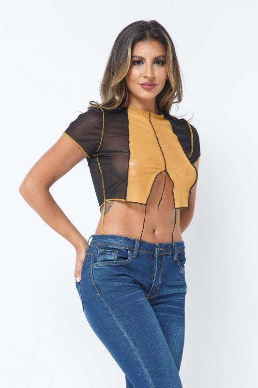 Mesh Contarst Stitch Color Block Crop Top [Pack of 6]
