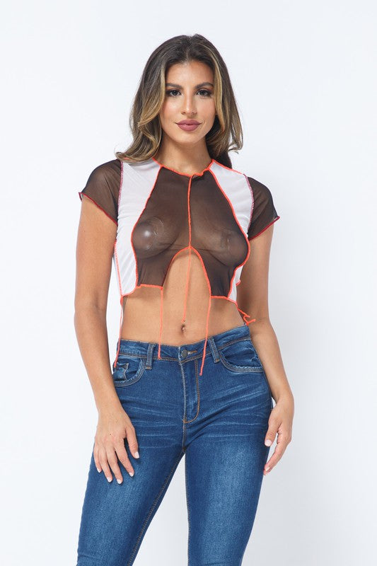 Mesh Contarst Stitch Color Block Crop Top [Pack of 6]