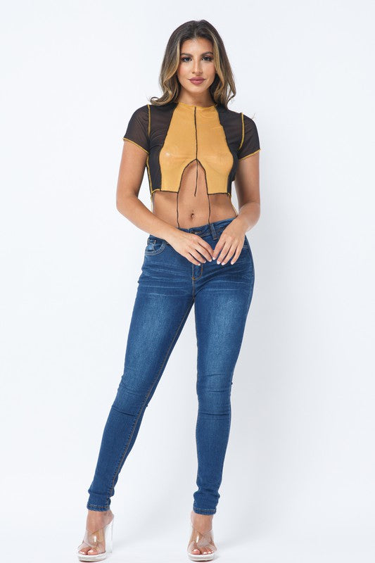 Mesh Contarst Stitch Color Block Crop Top [Pack of 6]