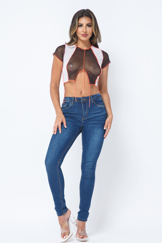 Mesh Contarst Stitch Color Block Crop Top [Pack of 6]