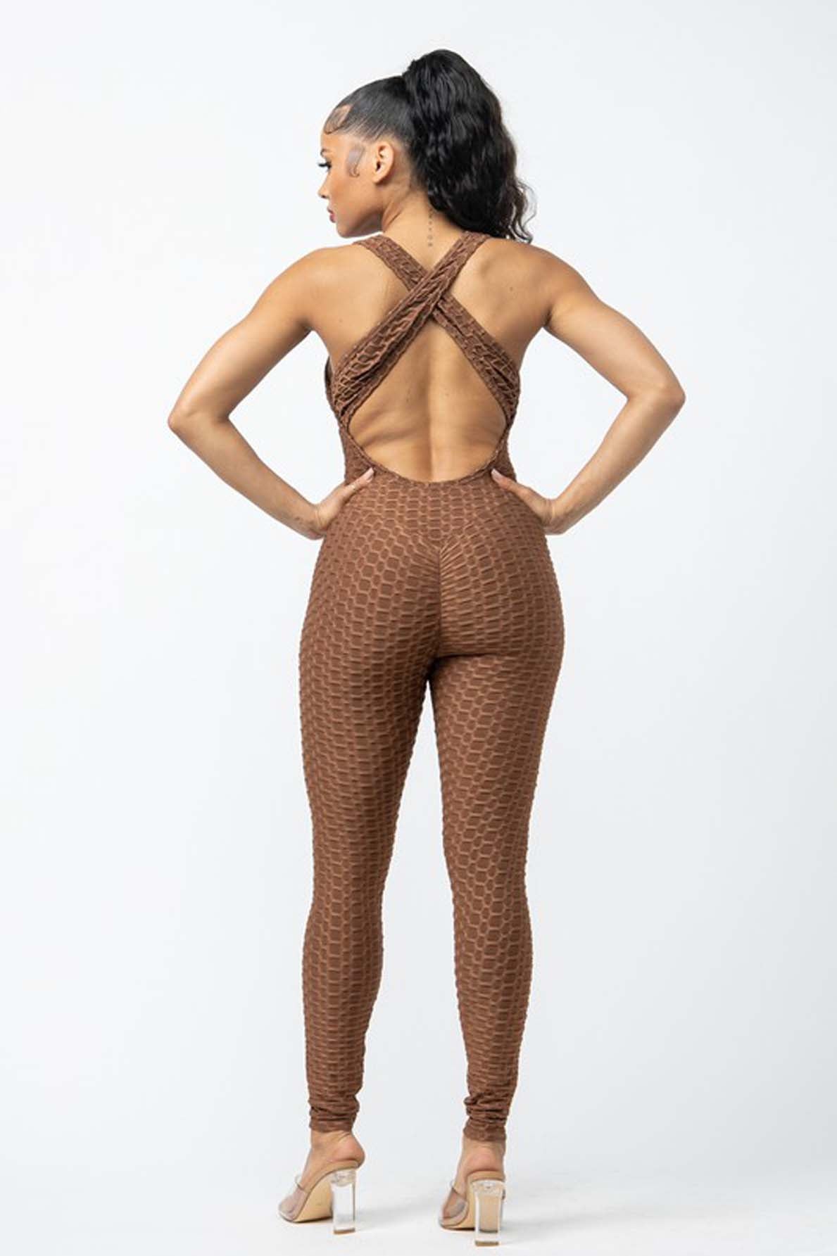 Honeycomb Textured Crisscross Back One-Piece Jumpsuit [6-Pack]