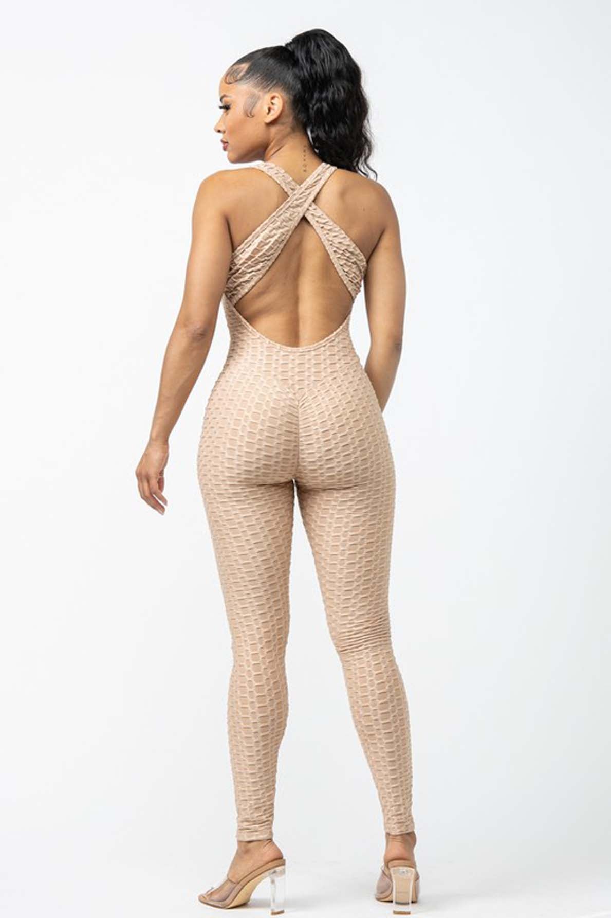 Honeycomb Textured Crisscross Back One-Piece Jumpsuit [6-Pack]
