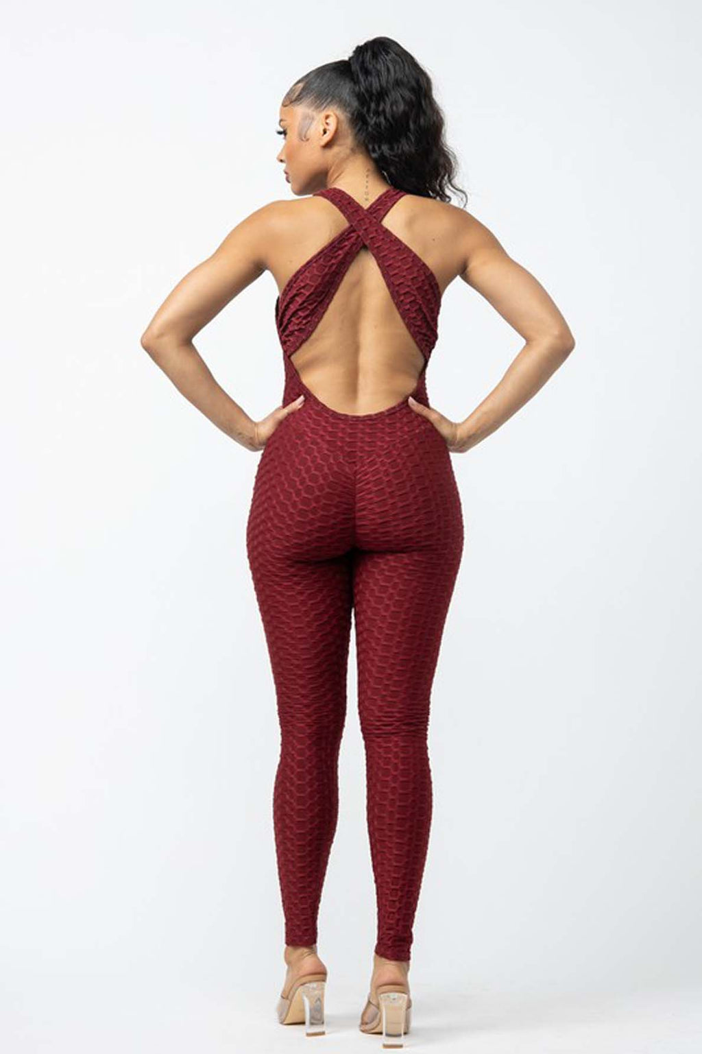 Honeycomb Textured Crisscross Back One-Piece Jumpsuit [6-Pack]