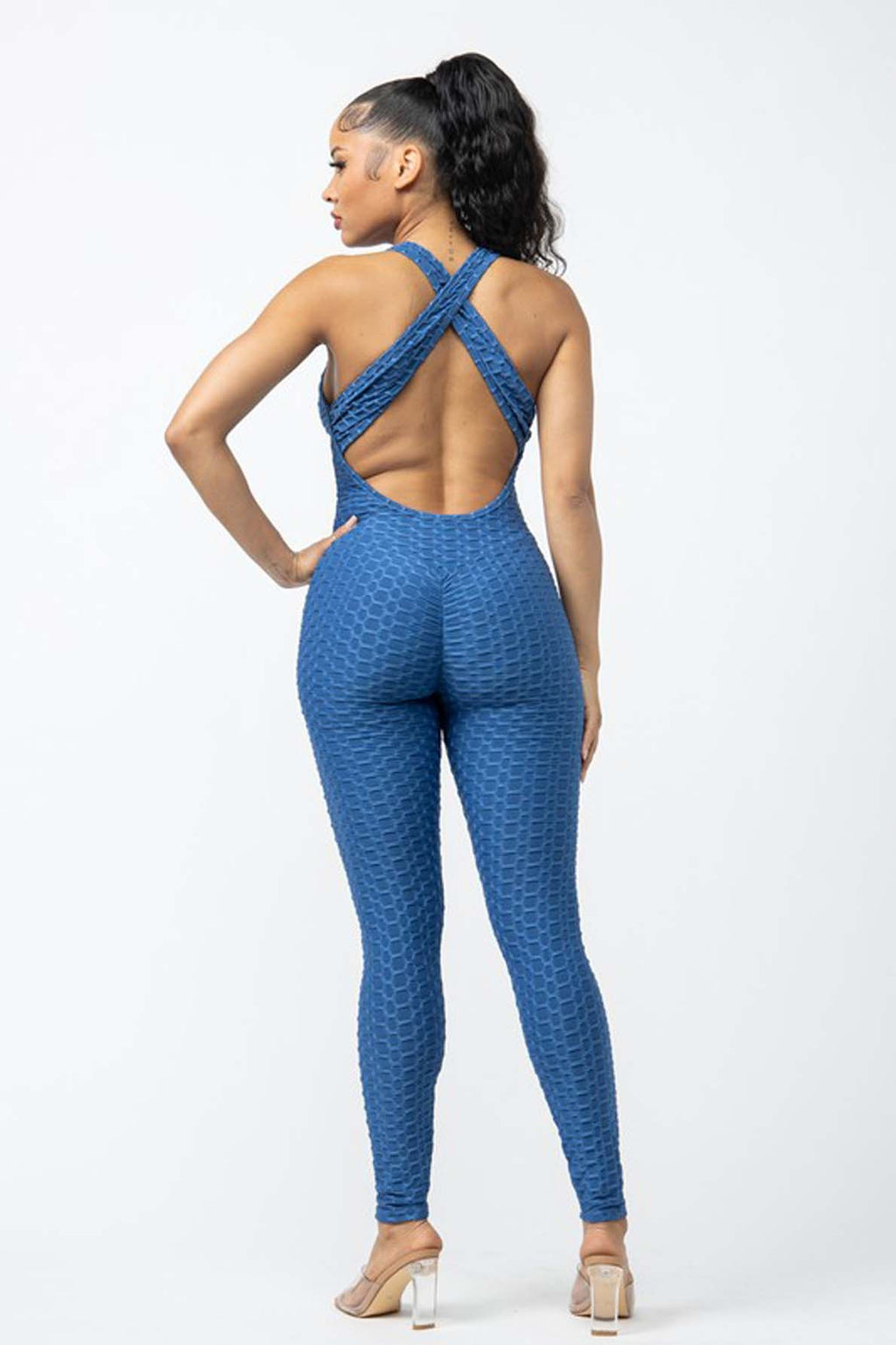 Honeycomb Textured Crisscross Back One-Piece Jumpsuit [6-Pack]