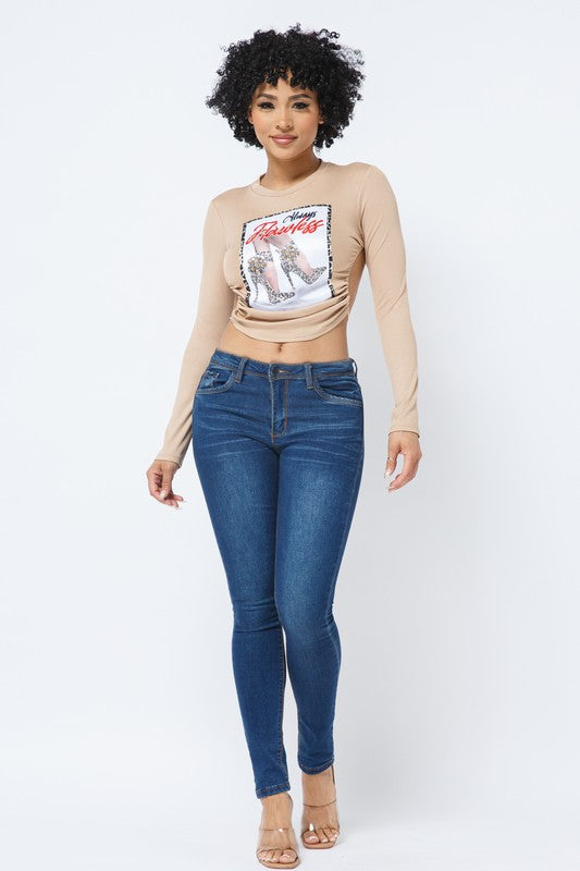 Wholesale Open-Side Long Sleeve Crop Top Graphic Tie-Back [Pack of 6]