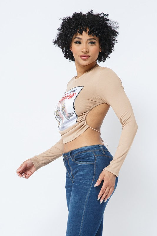 Wholesale Open-Side Long Sleeve Crop Top Graphic Tie-Back [Pack of 6]