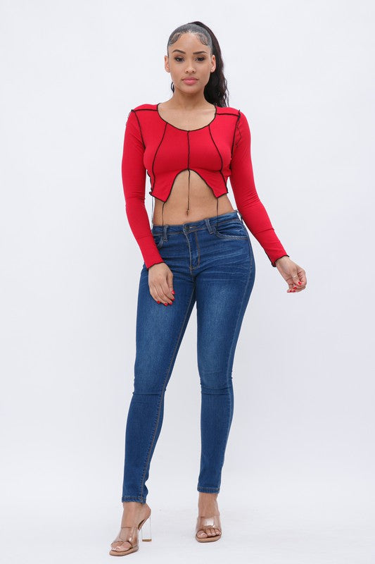 Contrast Stitch Long Sleeve Crop Top [Pack of 6]