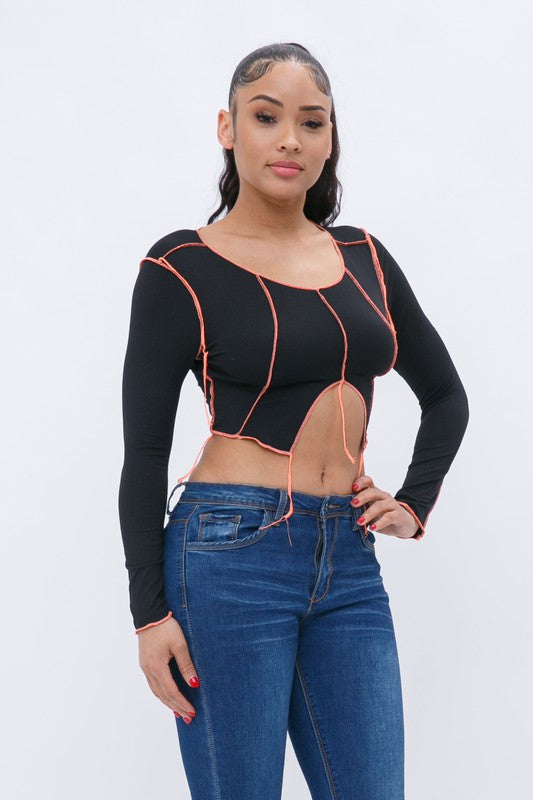 Contrast Stitch Long Sleeve Crop Top [Pack of 6]