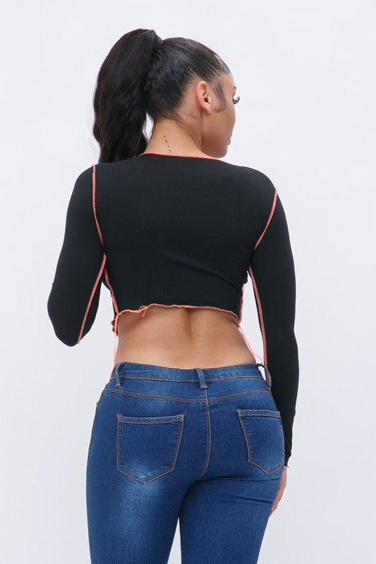 Contrast Stitch Long Sleeve Crop Top [Pack of 6]