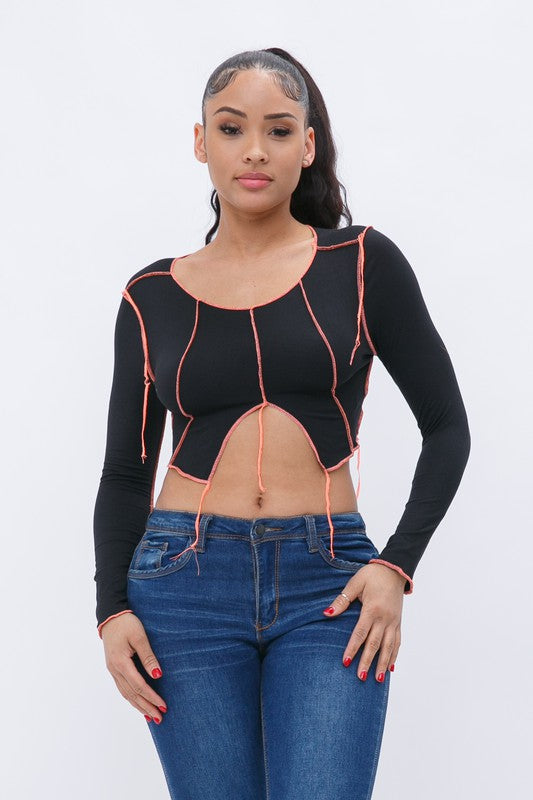Contrast Stitch Long Sleeve Crop Top [Pack of 6]