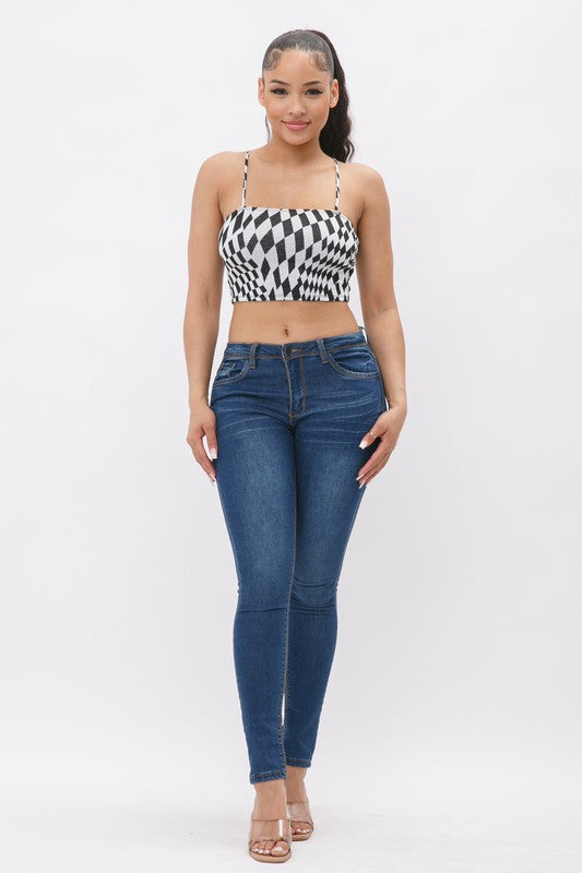 Black & White Checkerboard Spaghetti Strap Crop Top