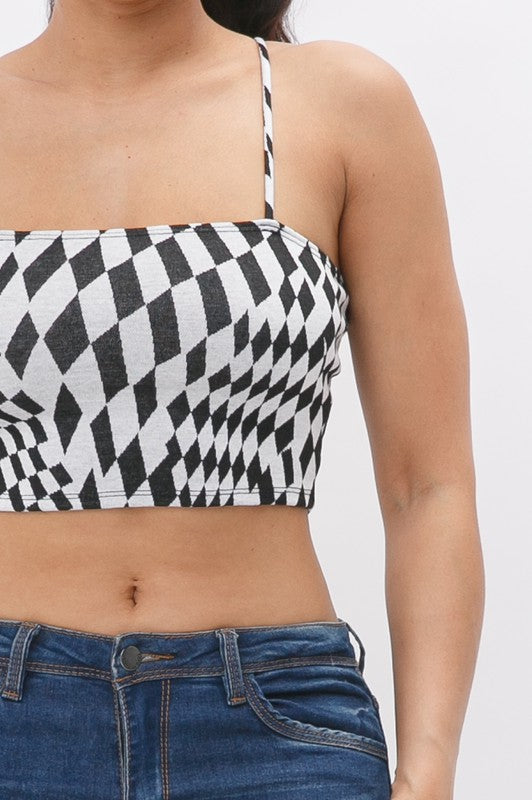 Black & White Checkerboard Spaghetti Strap Crop Top