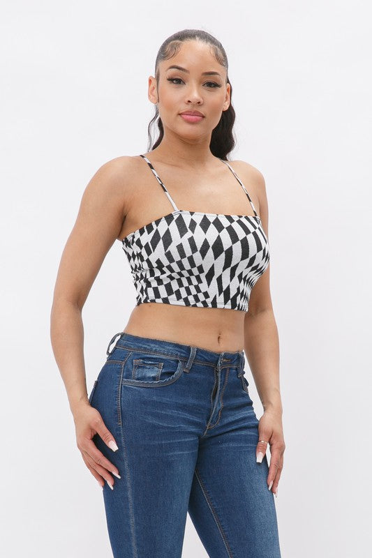 Black & White Checkerboard Spaghetti Strap Crop Top