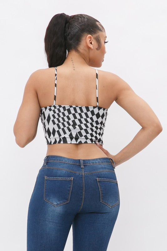 Black & White Checkerboard Spaghetti Strap Crop Top