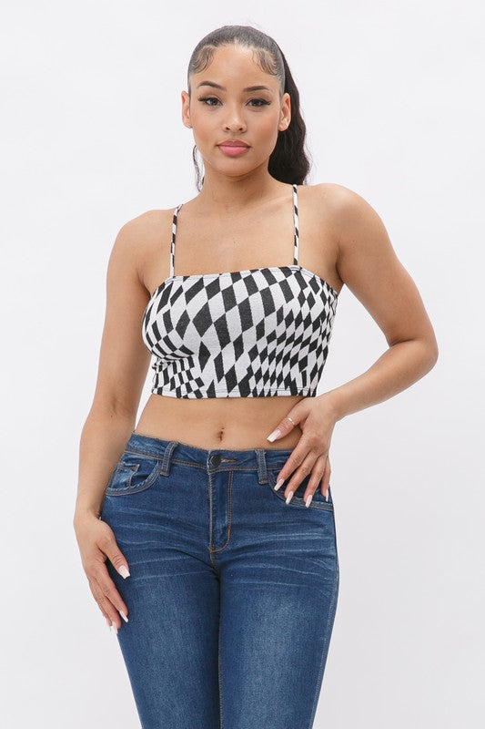 Black & White Checkerboard Spaghetti Strap Crop Top