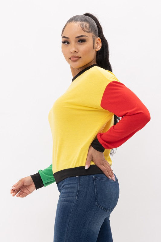 Colorblock Long Sleeve Crewneck or Hoodie Pullover Top Yellow, Red & Green