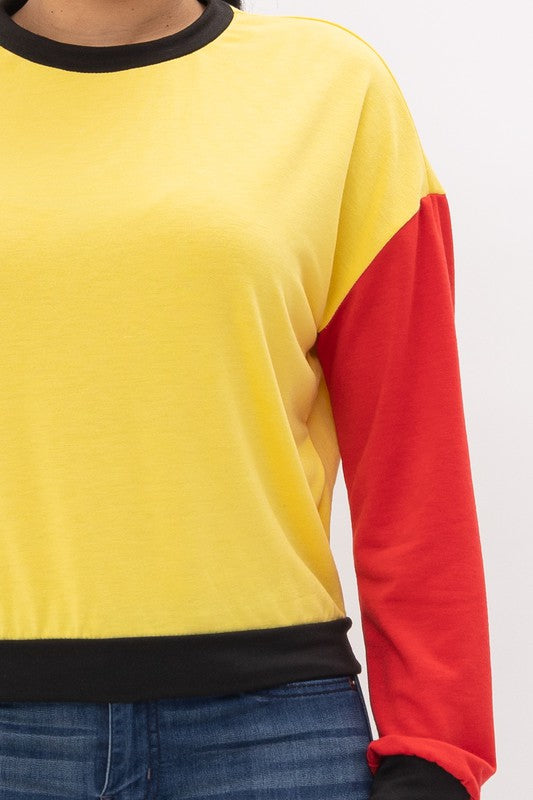 Colorblock Long Sleeve Crewneck or Hoodie Pullover Top Yellow, Red & Green