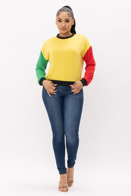 Colorblock Long Sleeve Crewneck or Hoodie Pullover Top Yellow, Red & Green