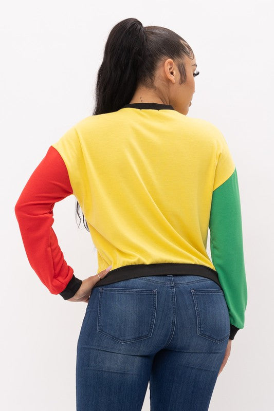 Colorblock Long Sleeve Crewneck or Hoodie Pullover Top Yellow, Red & Green