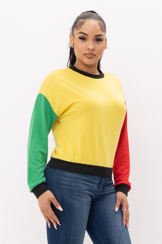 Colorblock Long Sleeve Crewneck or Hoodie Pullover Top Yellow, Red & Green