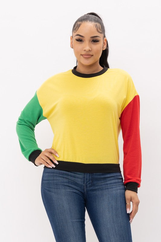 Colorblock Long Sleeve Crewneck or Hoodie Pullover Top Yellow, Red & Green
