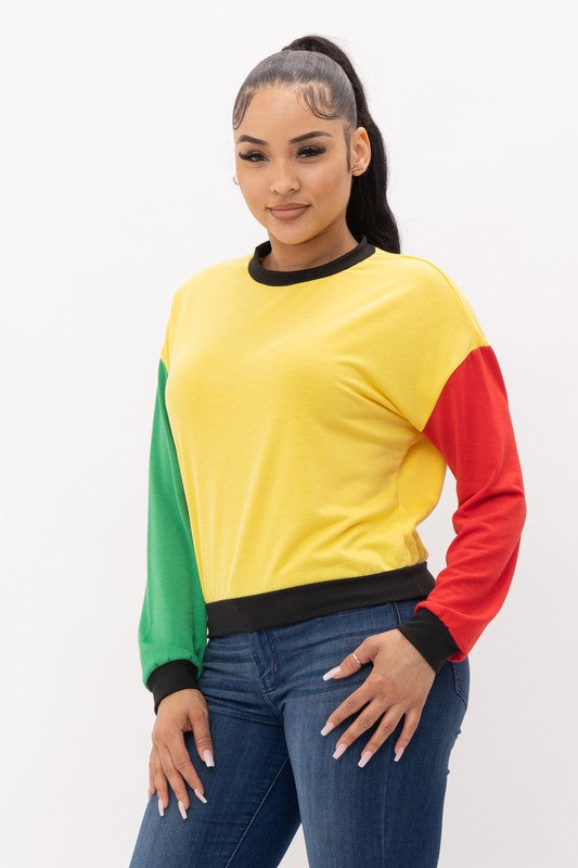 Colorblock Long Sleeve Crewneck or Hoodie Pullover Top Yellow, Red & Green