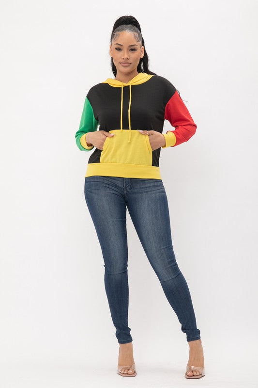 Colorblock Long Sleeve Crewneck or Hoodie Pullover Top Yellow, Red & Green