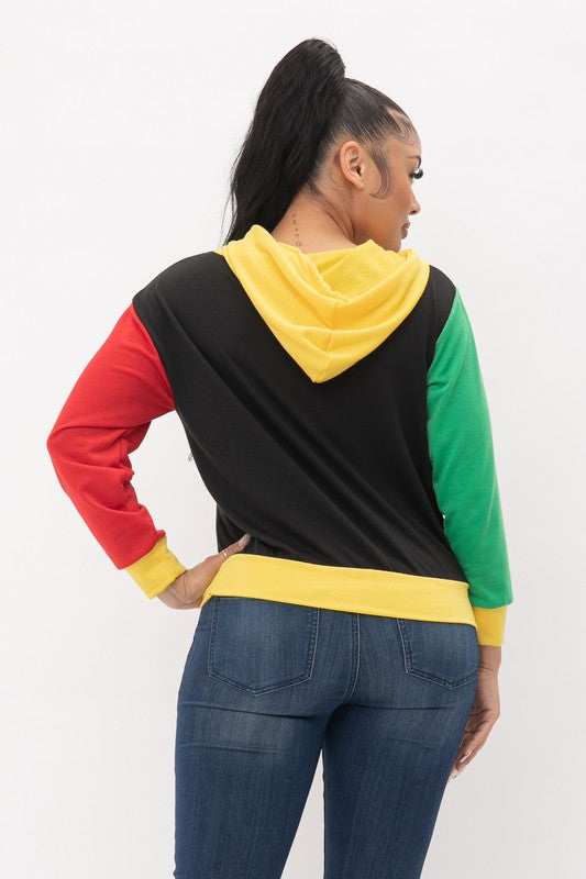 Colorblock Long Sleeve Crewneck or Hoodie Pullover Top Yellow, Red & Green