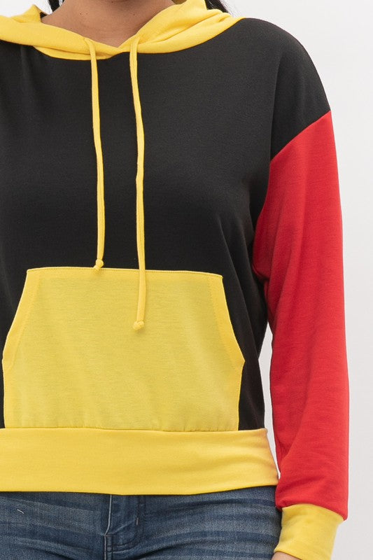 Colorblock Long Sleeve Crewneck or Hoodie Pullover Top Yellow, Red & Green