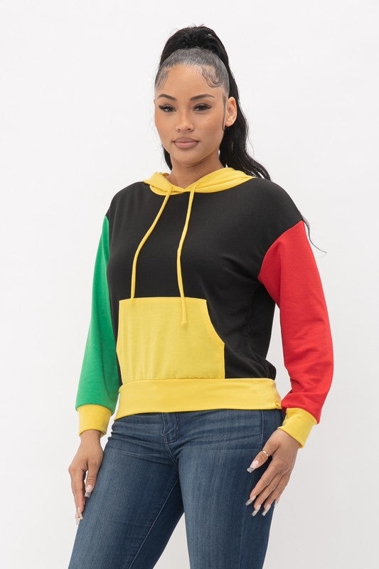 Colorblock Long Sleeve Crewneck or Hoodie Pullover Top Yellow, Red & Green