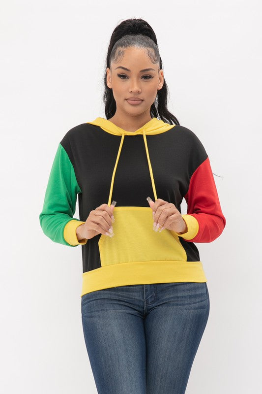 Colorblock Long Sleeve Crewneck or Hoodie Pullover Top Yellow, Red & Green