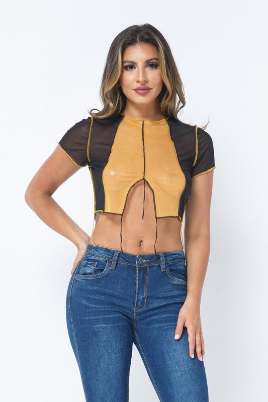 Mesh Contarst Stitch Color Block Crop Top [Pack of 6]
